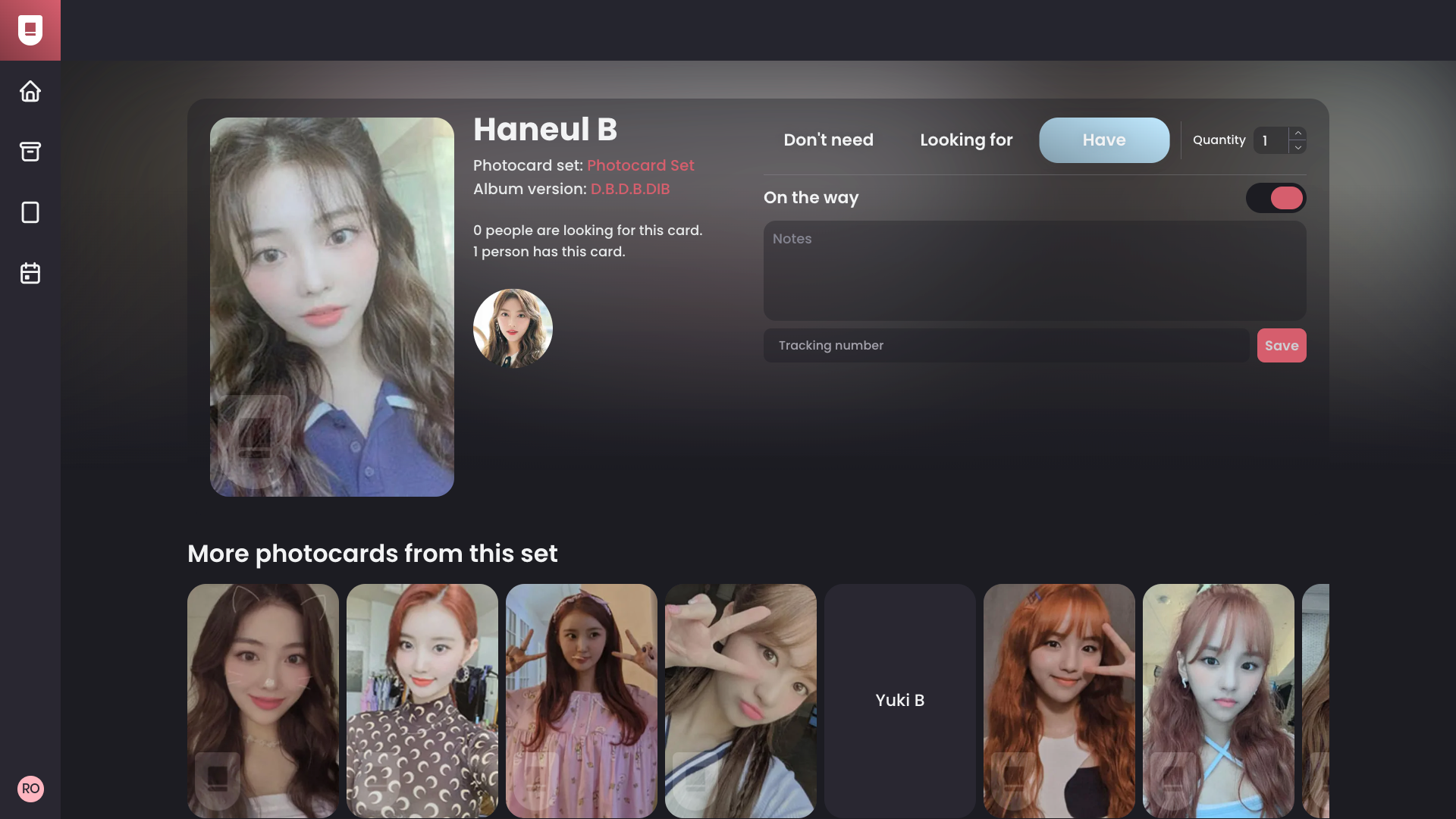 A screenshot of K-Collect showing the photocard page.